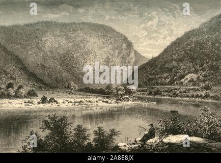 'Delaware Water-Gap', 1872. Vista del "divario" dove il Fiume Delaware tagli attraverso una cresta dei monti Appalachi sul confine tra il New Jersey e Pennsylvania, Stati Uniti d'America. Dal pittoresco America; o, la terra in cui viviamo, una delimitazione dalla penna e matita di montagne, fiumi, laghi...con illustrazioni su acciaio e legno da eminenti artisti americani" Vol. Ho curato da William Cullen Bryant. [D. Appleton and Company, New York, 1872] Foto Stock