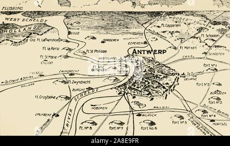 "Anversa e le sue radici", 1915. Anversa è stato inanellato da forti noto come il National Redoubt, assediata e catturati durante l'invasione tedesca del Belgio nel mese di agosto 1914. Da "La guerra di un album illustrato De Luxe - Volume I. La prima fase", edito da J. A. Hammerton. [La Amalgamated Press Limited, Londra, 1915] Foto Stock