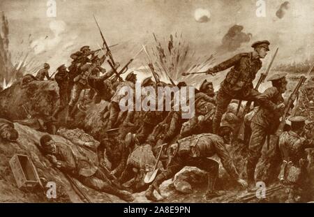 " Il primo V.C. mai vinto da un territoriali", 1916. Second-Lieut. G. H. Woolley&#x2019;s. difesa della collina 60 ha fatto di lui il primo British esercito territoriale funzionario per essere aggiudicati la Victoria Cross. Da "La guerra di un album illustrato De Luxe - Volume IV. La Campagna estiva - 1915", edito da J. A. Hammerton. [La Amalgamated Press Limited, Londra, 1916] Foto Stock