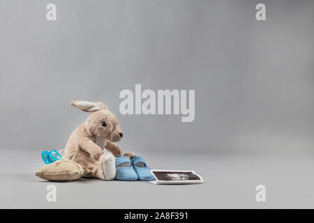 Teddy coniglio con scarpe per bambini ed ecografia fotografia. Foto Stock