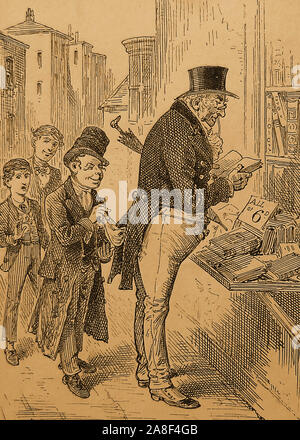 1885 Illustrazione - Oliver Twist la storia di un orfano Oliver Twist, che viene venduto in apprendistato con un impresario. Dopo la fuga egli si reca a Londra dove incontra il 'evasore Artful', un membro di una gang di novellame di borseggiatori guidato da un anziano rogue Fagin.Oliver Twist è scioccata quando l'evasore Artful ruba il signor Brownlow il fazzoletto all'edicola.(Charles Dickens) Foto Stock