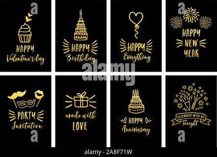 Celebrazione, compleanno, il giorno di San Valentino, carte oro, set di vettore di elementi di design grafico Illustrazione Vettoriale