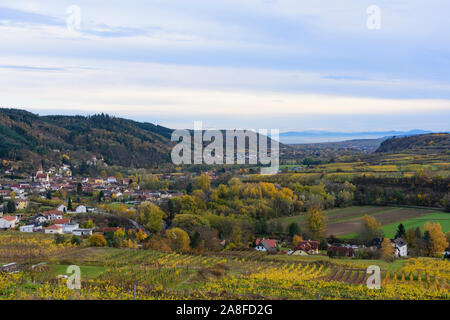 Schönberg Am Kamp: vista di Schönberg Am Kamp, la valle del fiume Kamp, vigneti in Austria, Niederösterreich, Bassa Austria, Waldviertel Foto Stock