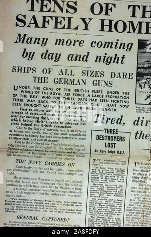 Replica del Daily Express giornale pagina anteriore del 31 maggio 1940 durante la evacuazione di Dunkirk facendo riferimento a un po' di navi. Foto Stock