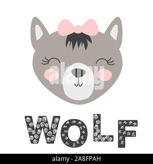 Carino disegnato a mano con inchiostro wolf hero. Illustrazione del fumetto in stile scandinavo. Illustrazione Vettoriale