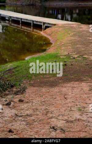 Un avvolgimento lato acqua percorso attraverso i pini conduce a una passerella di legno con acqua riflettente per una soluzione pacifica del Sud giorno Mississippi Foto Stock