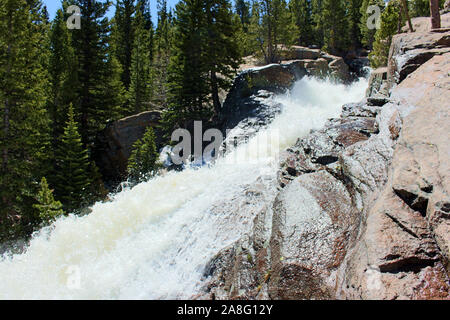 Una chiusura di una sezione di Alberta cade sprofondare attraverso uno stretto canale di massi, in una foresta di pini sul ghiacciaio Gorge Trail in montagna rocciosa Foto Stock