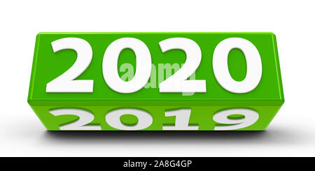 Cubo verde (cuboide) con 2019-2020 modifica su un tavolo bianco rappresenta la nuova 2020, tridimensionale, rendering 3D illustrazione Foto Stock