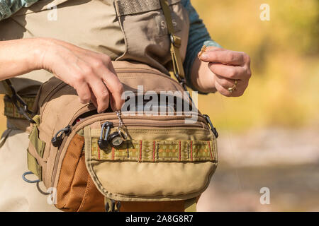 Una donna tira una vola fuori del suo hip pack su una soleggiata giornata di caduta lungo il fiume Poudre in Colorado. Foto Stock