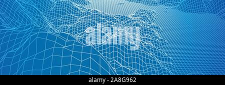 Panorama digitale con le montagne o colline fatte di griglia di linea Illustrazione Vettoriale