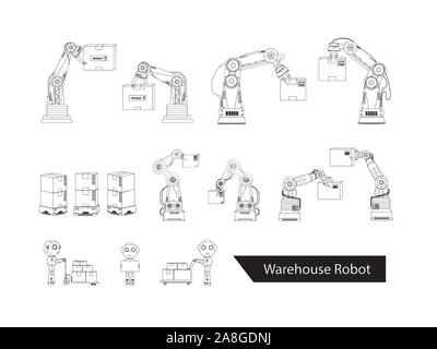 Serie di robot di magazzino isolato di contorno illustrazione vettoriale Illustrazione Vettoriale