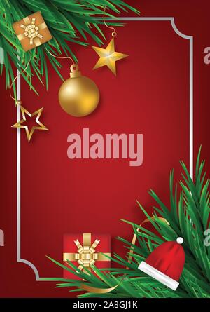 Pallina di natale con stella regali box e foglie di pino su sfondo rosso per poster, cartoline, intestazioni sito. realistico illustrazione vettoriale. Illustrazione Vettoriale