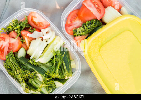 Primo piano di freschi e deliziosi verdure crude dal giardino in due contenitori, vista dall'alto. Green cetrioli e pomodori rossi, aneto e cipolle su un picnic Foto Stock