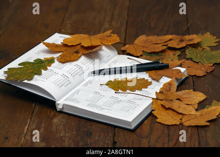 Pen giacente sul calendario o agenda elettronica sulla scrivania in ufficio Foto Stock