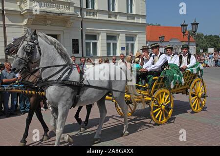 Partecipante sconosciuto in croato costume nazionale presso il cavallo e il carro di nozze visualizza durante Dakovo vezovi (Dakovo Summer Festival) in Dakovo, Croazia Foto Stock