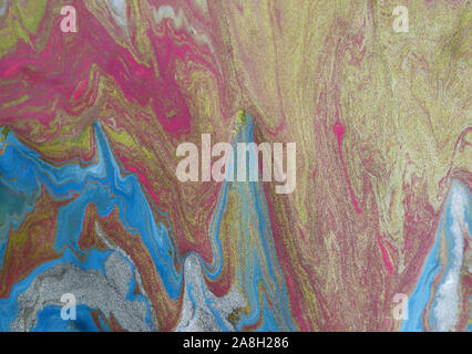 Colorato dipinto astratto dello sfondo. Marmorizzazione liquido sullo sfondo di vernice. La pittura di fluido texture astratta. Intensivo di coloratissimo mix di acrilico vibrante co Foto Stock