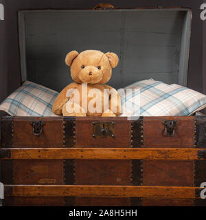 Un tradizionale orsacchiotto seduto in un vecchio giocattolo petto Foto Stock
