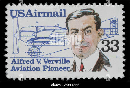 Timbro Stampato negli USA, mostra Alfred V. Verville (1890-1970), designer di aeroplani, circa 1985 Foto Stock