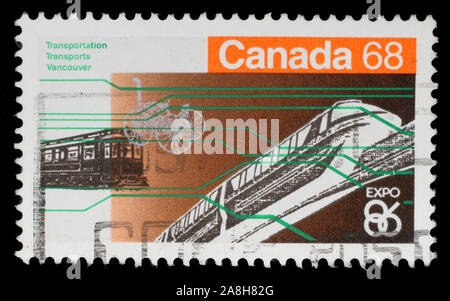 Timbro stampato in Canada dal "Expo 86 Fiera mondiale del problema" mostra il trasporto di Vancouver, circa 1986. Foto Stock