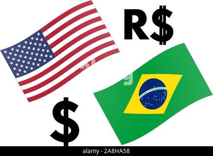 USDBRL valuta forex coppia illustrazione vettoriale. Noi e Bandiera Brasile, con il dollaro e il Real cifrao simbolo. Illustrazione Vettoriale