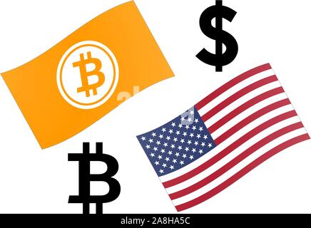 BTCUSD valuta forex coppia illustrazione vettoriale. Bitcoin e Stati Uniti bandiera, con BTC e simbolo del dollaro. Illustrazione Vettoriale