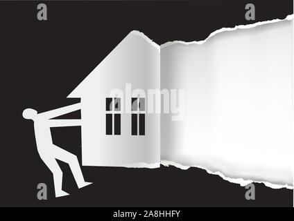 Immobile in vendita modello di fondo. Carta nera strappata dall'uomo con silhouette di casa. Concetto di immobile in vendita. Vettore disponibile Illustrazione Vettoriale