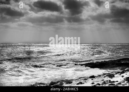 Un gabbiano solitario vola sopra il mare contro un cielo drammatico con raggi di luce del sole che filtra attraverso le nuvole nere Foto Stock