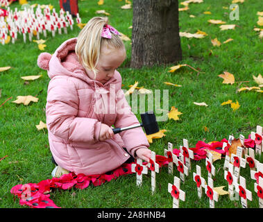 09 novembre 2019, Glasgow, Scotland, Regno Unito. Grazia EVERETT (dai 3 anni) da Glasgow assiste alla British Legion Giardino della Rimembranza in George Square, da Glasgow a lasciare il papavero su piccole croci di legno in ricordo del suo bisnonno 'CHARLES EVERETT' che hanno servito nella RAF, il suo bisnonno "Robert" di pietra che ha servito con il Royal Engineers e il Cameronians e suo zio "Alex" di pietra che ha servito con il Royal Highland Fusiliers. Credit Findlay/ Alamy News Foto Stock