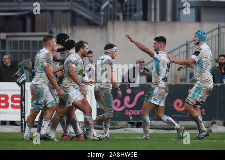 Parma, Italia. 9 Nov, 2019. hastings celebra per la prova a segnati da zebre horneduring Rugby vs Glasgow Warriors Rugby Guinness Pro 14 in Parma, Italia, Novembre 09 2019 - LPS/Massimiliano Carnabuci Credito: Massimiliano Carnabuci/LP/ZUMA filo/Alamy Live News Foto Stock