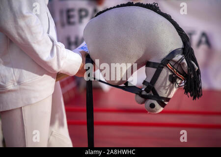 Mosca, Russia. 7 Novembre, 2019 partecipanti del Festival Hobbyhorsing nel club equestre "Izmailovo' durante la formazione prima del concorso di Mosca, Russia. Sport Hobbyhorsing simula tradizionali eventi equestri tra cui competono in dressage e show jumping dalla sella di un cavallo immaginario Foto Stock