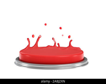 3d lato close-up di rendering di colore rosso sul pulsante di allarme la fusione sulla parte superiore, la plastica fusa, voce verso l'alto come se levitato, isolato su sfondo bianco. Red Alert Foto Stock