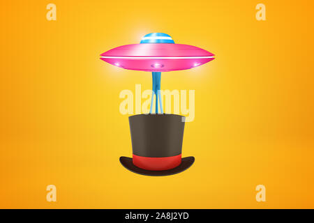 3D rendering di rosa UFO portante tophat nero con nastro rosso al di sotto di esso su sfondo di colore ambra. High Tech. Graphic design. Accessori. Foto Stock