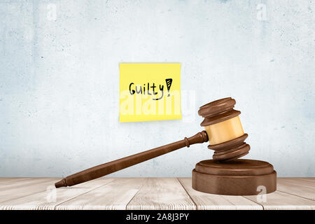 3d close-up rendering del martello sul blocco del suono su una superficie di legno vicino alla parete di cemento dove qualcuno aveva bloccato nota "colpevole" Foto Stock