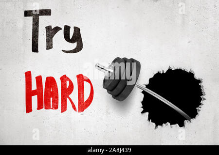 3D rendering della formazione di metallo bar-bell di rottura della parete bianca con 'Try hard' firmare su sfondo bianco Foto Stock