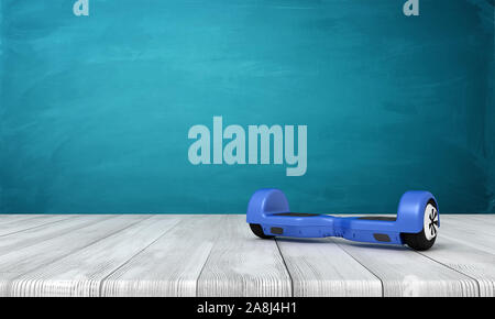 3D rendering di hoverboard blu su bianco pavimento di legno scuro e di sfondo turchese Foto Stock