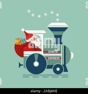 Felice vacanza Santa retro treno piatto vettore icona Illustrazione Vettoriale