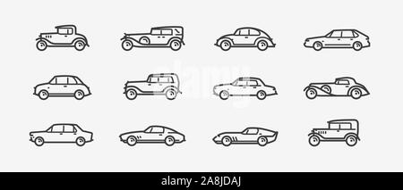 Icona auto impostata. Simbolo di trasporto in stile lineare. Vettore retrospettiva Illustrazione Vettoriale