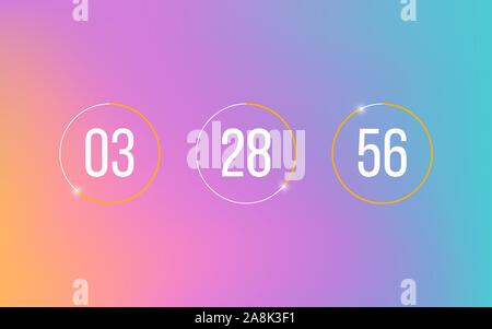 Orologio per il conto alla rovescia del timer morbido sul gradiente dello sfondo. Contatore moderno con numeri bianchi. Rimanenti count down con ore, minuti e secondi. Mal di vettore Illustrazione Vettoriale