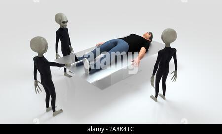 Alien Abduction con tre stranieri grigio e umana sulla tavola operatoria estremamente realistiche e dettagliate ad alta risoluzione 3D image Foto Stock