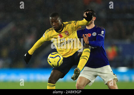 Leicester, Regno Unito. Il 9 novembre 2019. Dell'Arsenal Nicolas Pepe durante il match di Premier League tra Leicester City e Arsenal al King Power Stadium, Leicester sabato 9 novembre 2019. (Credit: Leila Coker | MI News ) la fotografia può essere utilizzata solo per il giornale e/o rivista scopi editoriali, è richiesta una licenza per uso commerciale Credito: MI News & Sport /Alamy Live News Foto Stock