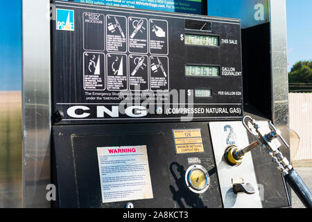 Metano, gas naturale compresso, stazione di rifornimento di carburante display con ugello, leva e procedura di rifornimento informazioni Foto Stock