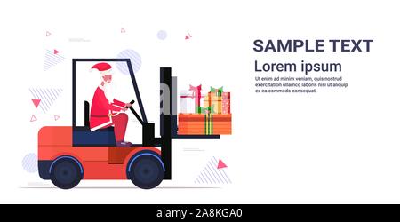 Babbo Natale la guida carrello elevatore di carico dono colorato presente scatole buon Natale felice anno nuovo holiday celebrazione concetto orizzontale spazio copia illustrazione vettoriale Illustrazione Vettoriale