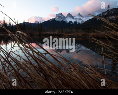 Canmore tre sorelle riflessione di Sunrise Foto Stock