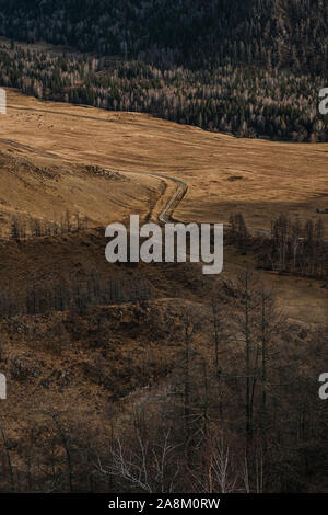 Montagna valle antenna paesaggio autunnale, Chike-Taman mountain pass road, Altai Foto Stock