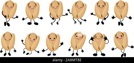 I pistacchi di grande serie di simpatici personaggi i dadi con le mani e gli occhi. Cartoon di frutta o di ortaggi e legumi. Utili cibo vegan. Isolato su sfondo bianco. Illustrazione Vettoriale