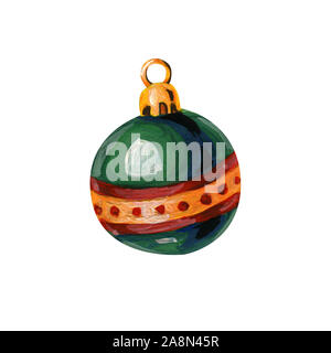 Albero di Natale di vetro decorazione di Natale. Un verde a forma di palla giocattolo con un gold e red stripe e puntini rossi con un bordo in oro. Disegnata a mano guazzo. Foto Stock
