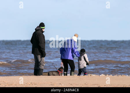 Southport, Regno Unito. Il 10 novembre 2019. Dopo una settimana di pioggia continua, il sole finalmente si rompe attraverso come persone fuori di testa per un po' di divertimento al sole in un freddo giorno di nitido sulla spiaggia di Southport nel Merseyside. Credito: Cernan Elias/Alamy Live News Foto Stock