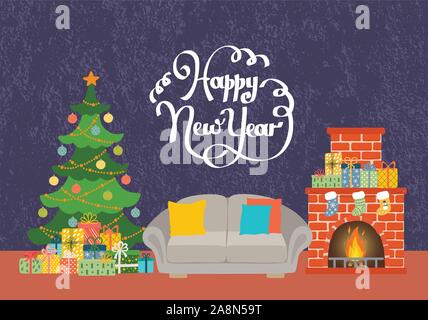 Natale salotto con divano letto e camino, albero di Natale e regali. Felice anno nuovo card Illustrazione Vettoriale