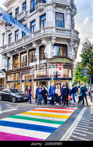 Rainbow / Gay Pride dipinto attraversamento pedonale, Anversa, Belgio. Foto Stock