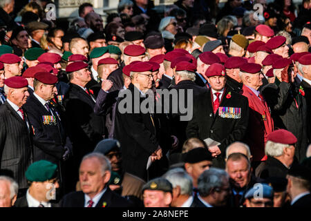 Whitehall, Londra, Regno Unito. Il 10 novembre 2019. Veterani in Servizio Nazionale del ricordo presso il Cenotafio. Forze armate veterani assemblare in Whitehall prima il servizio e il marzo del passato. Foto di Julie Edwards./Alamy Live News Foto Stock